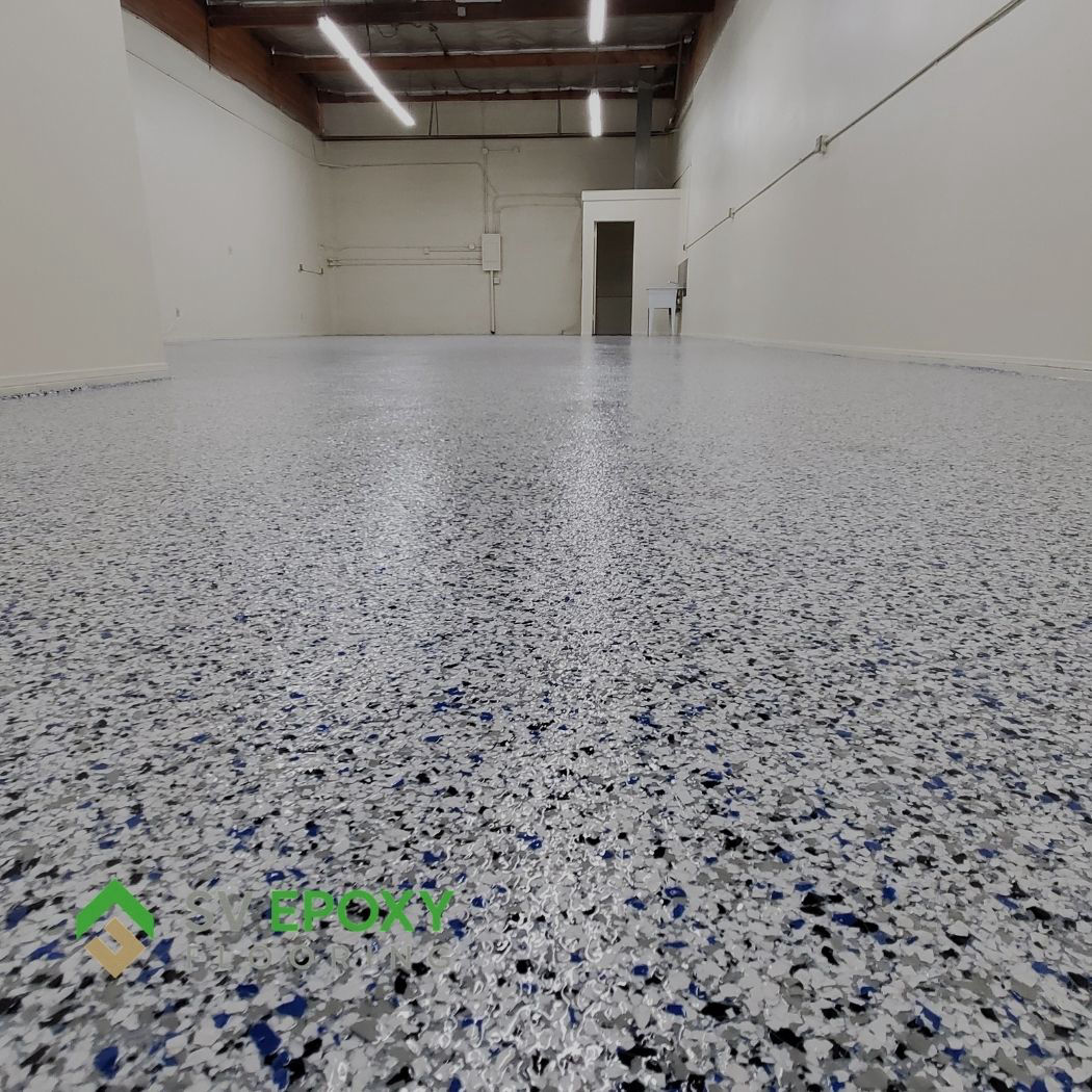 blue and white flake warehouse concrete coating simi valley